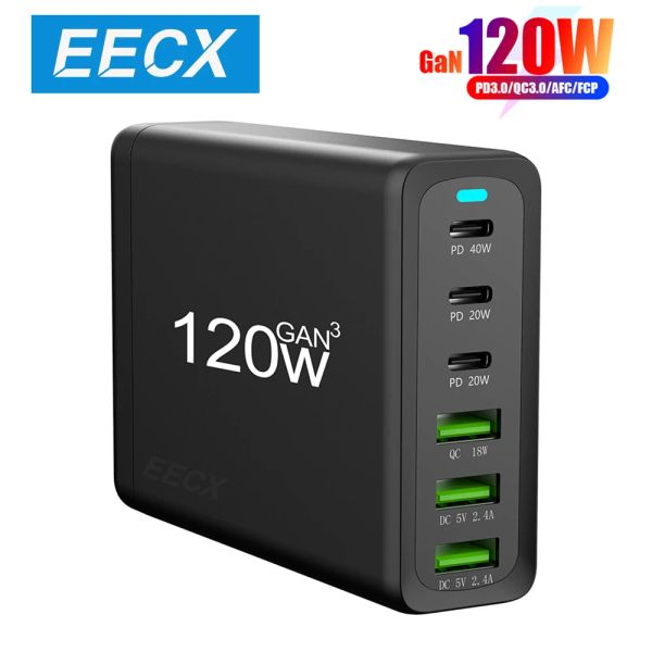 Chargers 120W 6 Port USB Chargeur Type C, Station de charge Multi USB Bureau 100W Adaptateur de voyage de voyage PD Chargeur rapide pour iPhone Samsung