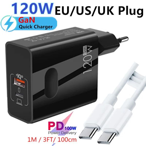 Chargers 120W PD Gan Charge rapide Chargeur USB 100W Type C Câble pour Samsung Xiaomi Charge rapide pour l'adaptateur IPAD MacBook iPhone pour ordinateur portable