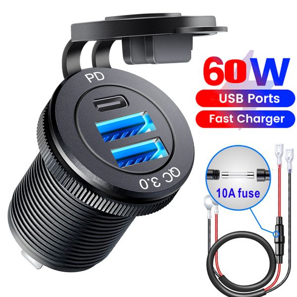 Chargeurs 12v prise tomada usb automotiva prise de courant de voiture PD Type C et QC3.0 adaptateur de Port USB pour voiture bateau Marine camion moto 230920