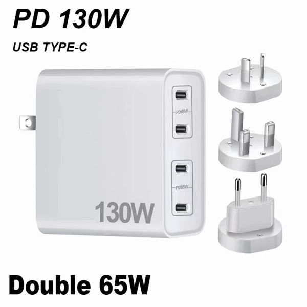 Chargers 130W 4port PD 3.0 GAN USB Type C Chargeur Station de charge rapide Double 65W mur pour MacBook iPad iPhone Samsung ordinateur portable ordinateur portable