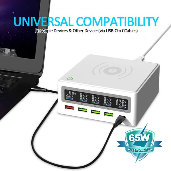 Chargers 130W 5 ports Chargeur USB QC3.0 Type C PD Chargeur rapide Station de charge USB Charger sans fil pour iPhone15 14 13 12 MacBook Xiaomi