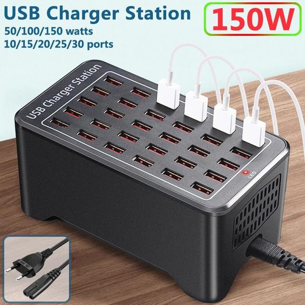 Cargadores Estación de carga USB de 150 vatios 10 15 20 25 30 Cargador USB de escritorio universal multipuerto para teléfono y tableta Adaptador de corriente para EE. UU., Au, Reino Unido