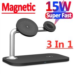 Chargers 15W 3 en 1 Magnetic Wireless Charger Stand para iPhone 13 12 Pro Max Apple Watch MacSafe Carga rápida para AirPods iWatch 7 6
