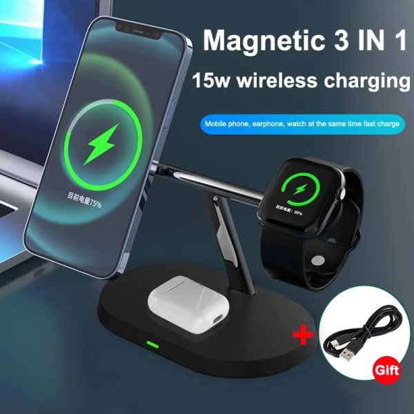 Chargers 15W 3 In 1 Magnetic Wireless Charger Stand Macsafe Fast Charging Dock Station Dock pour iPhone 14 13 12 Pro Max AirPods Apple