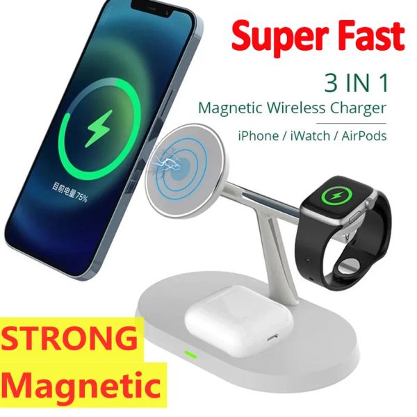 Chargers 15W 3 In 1 Magnetic Wireless Charger Stand pour MacSafe iPhone 14 13 12 Apple Watch AirPods Pro Fast Charging Agking Station