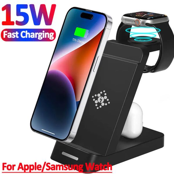Chargers 15W 3 en 1 support de chargeur sans fil pour iPhone 14 13 x Samsung S22 S21 Apple Watch AirPods Iwatch Fast Charging Dock Station