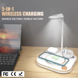 Chargers 15W Fast 5 in 1 Carga inalámbrica para iPhone Watch Aurphone Modern LED Desk Lam Lamp Lámpara de cargador inalámbrico