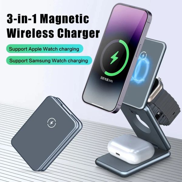 Chargers 15W Magnetic Wireless Charger Stand pour Apple Samsung Galaxy Watch iPhone 14 13 12 Pro Max 3 en 1 Station de charge rapide pliable