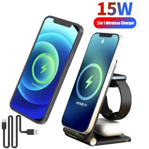 Chargers 15W Qi Charger sans fil 3 en 1 Station de quai de chargement rapide pour Apple Watch 7 6 5 iPhone 13 12 Airpods Pro Stand pour Samsung