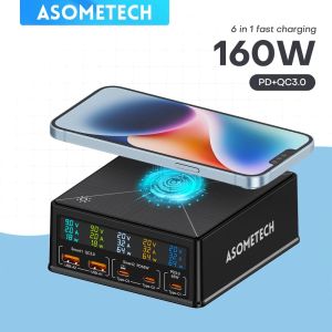 Chargers 160W 5Port laadstation USBC PD65W QC3.0 snelle lader met apart display 15W draadloze lader voor iPhone14 Samsunglaptop