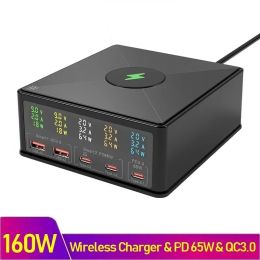 Chargers 160W USB Charger Station 15W Wireless Charger LCD Display USBC QC3.0 PD 65W snelle lader Carregador voor iPhone 14 Xiaomi -laptop