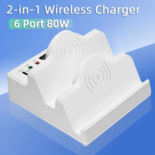 Chargers 2 en 1 80W Dual Wireless Charger Stand PD Charge rapide Station de chargeur de téléphone USB pour iPhone Xiaomi Fast Charging Hub