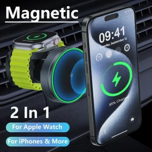 Chargers 2 en 1 Chargeur de voiture sans fil magnétique pour iPhone 15 14 13 Pro Max Apple Watch Macsafe Mobile Phone Tephotder Car Mount Fast Charge