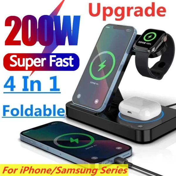 Chargers 200W 4 sur 1 support de chargeur sans fil pour iPhone 14 13 x Samsung Apple Watch AirPods Iwatch Roldable Qi Fast Charging Dock Station