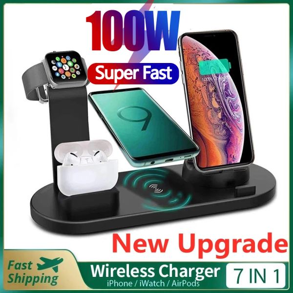 Chargers 2023 Nuevo cargador inalámbrico de 100W 7in1 para iPhone 15, 14, 13, 12 x xr Vigile para Samsung Galaxy, Xiaomi y Huawei Fast Charger