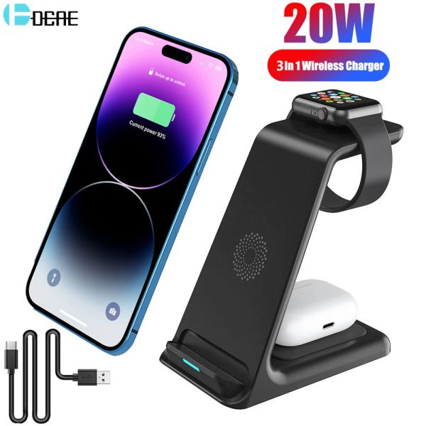 Chargers 20W Chargeur Wireless Stand pour iPhone 14 13 12 11 XR 8 Apple Watch 3 in 1 Station de quai de charge rapide pour AirPods Pro Iwatch 9
