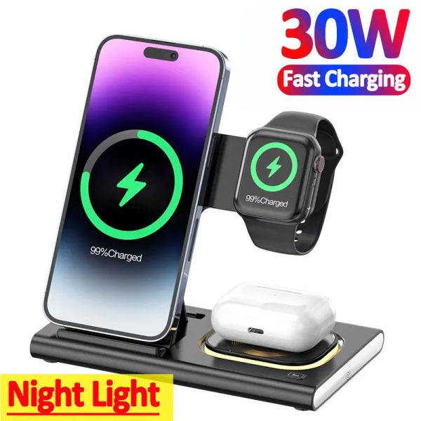 Chargers 3 dans 1 30W chargeur sans fil pour iPhone 14 13 12 Pro Max Apple Watch 8 7 Samsung Watch 5 Airpods Fast Charging Dock Station