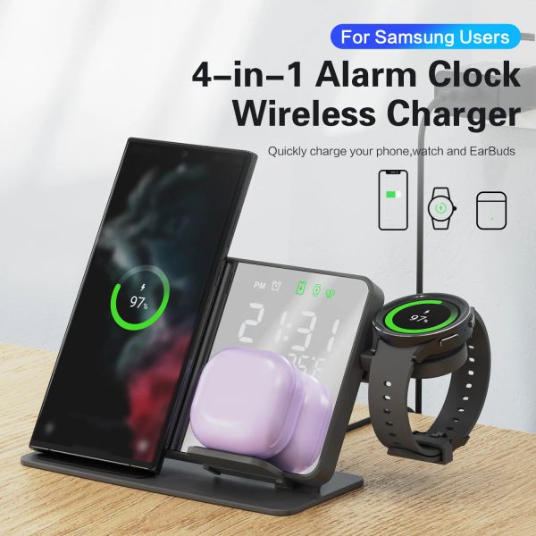 Chargers 3 en 1 LED ALARME CHERCHE CHARGE DOCK Station pour Samsung Galaxy S23 Ultra Fast Wireless Charger pour Watch 6/5 Holder Buds2 Pro