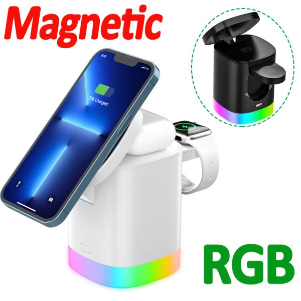 Chargers 3 en 1 Magnetic Wireless Charger Stand RVB Light Phone Fast Charging Station de chargement pour iPhone 14 13 12 Pro Max AirPods Pro Iwatch 8 7