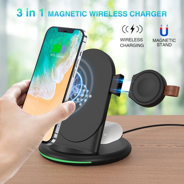 Chargers 3 en 1 Chargeur sans fil magnétique 15W Stand Fast Wireless Charge pour Samsung Xiaomi Huawei iPhone Apple Watch