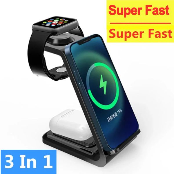 Chargers 3 en 1 Wireless Charger Stand para iPhone 14 13 12 11 8 Apple Watch Estación de acoplamiento de carga súper rápida para AirPods Pro IWatch