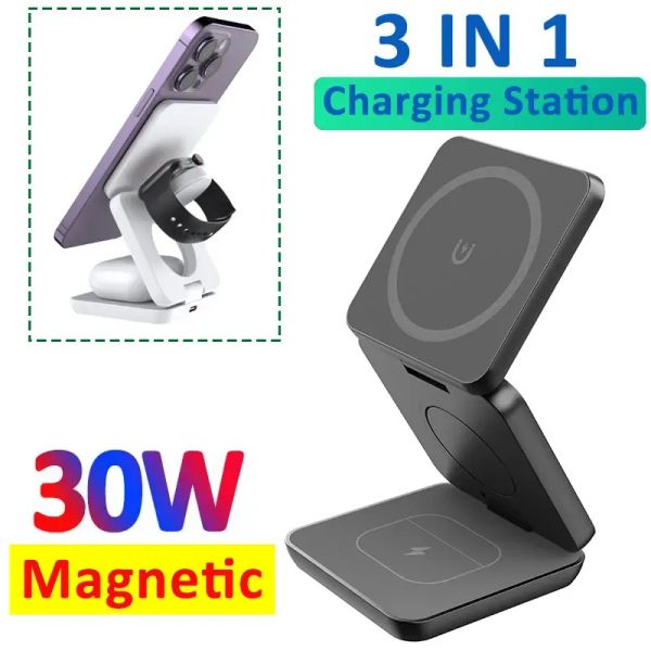 Chargers 30W 3 en 1 Station de recharge sans fil magnétique pour Apple Watch 7 6 Samsung Galaxy Watch 6 5 4 Active 2 pour iPhone Samsung Charger