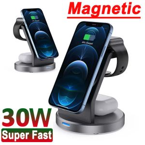 Laders 30W 3 in 1 sterke magnetische draadloze opladerstandaard voor iPhone 14 13 12 Pro Max Apple Watch Airpods Fast Charging Dock Station