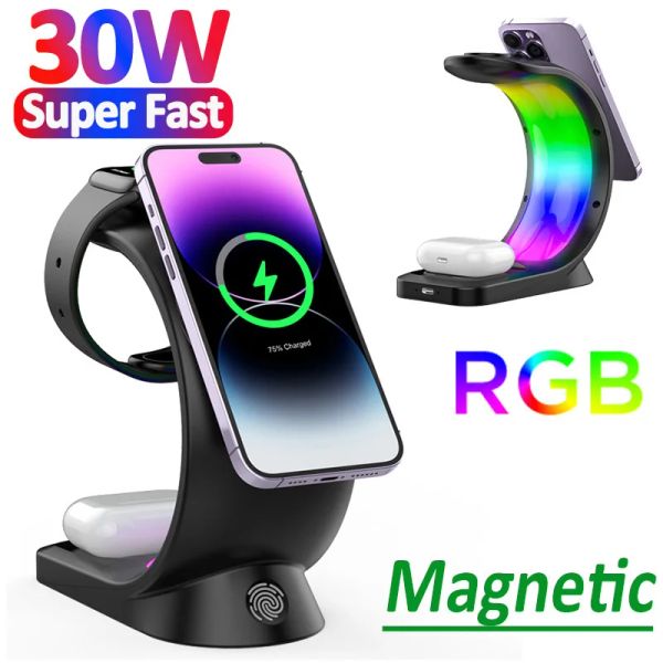 Chargers 30W 4 en 1 RVB Magnetic Wireless Charger Stand pour iPhone 14 13 12 Pro Max Apple Watch AirPods Pro Iwatch Fast Charging Station