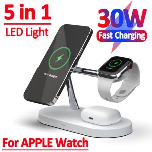 Chargers 30W 5 en 1 support de chargeur sans fil magnétique Macsafe pour iPhone 14 13 12 Pro Max Apple Watch AirPods USB LED Fast Charging Station