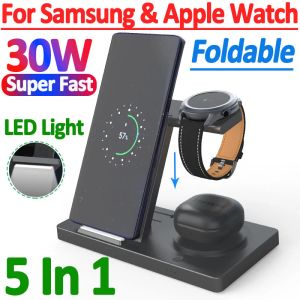 Laders 30W 5 in 1 draadloze laderstandaard voor iPhone Samsung S22 S21 S20 Galaxy Watch 5 4 3 Actief 2/1 Buds Fast Laying Dock Station