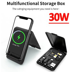 Cargadores 30W 9 en 1 Pad, almohadilla de cargador inalámbrico, adaptador de cable múltiple, Caja de almacenamiento de tarjeta SIM para iPhone Samsung Estación de carga rápida