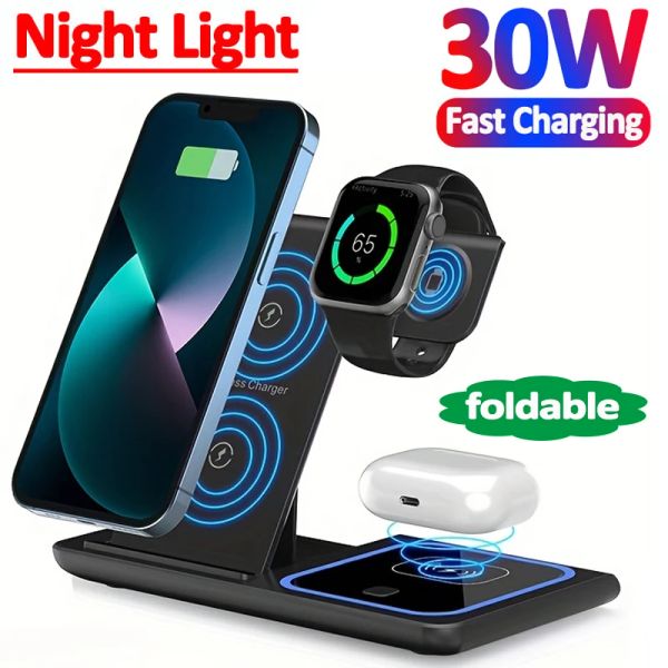 Chargers 30W LED Fast Wireless Charger Stand 3 en 1 Station de charge pliable pour iPhone 14 13 12 11 Apple Watch AirPods Pro Iwatch 8 7