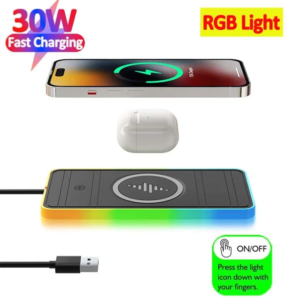 Chargers 30W RVB Light Car Wireless Charger Stand Pad pour iPhone15 14 13 12 Xiaomi Samsung Huawei Phone Mobile Téléphone Fast Wireless Charging