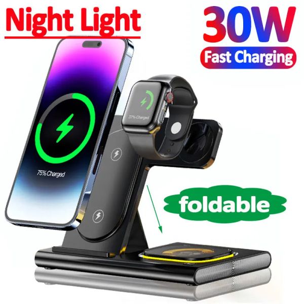 Chargers 30W Wireless Charger Stand 3 in 1 pour iPhone 14 13 12 Pro Max Apple Watch 8 7 Samsung Watch 5 AirPods Fast Charging Dock Station