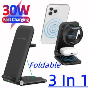 Laders 30W Wireless Charger Stand voor iPhone 13 Samsung Xiaomi 3 in 1 Fast Charge Dock Station Pad voor AirPods Apple Watch Foldable