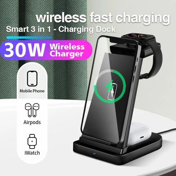 Chargers 30W Chargeur Wireless Stand pour iPhone 13 12 11 xr x 8 Apple Watch 3 in 1 Qi Station de quai de chargement rapide pour AirPods Pro Iwatch 7