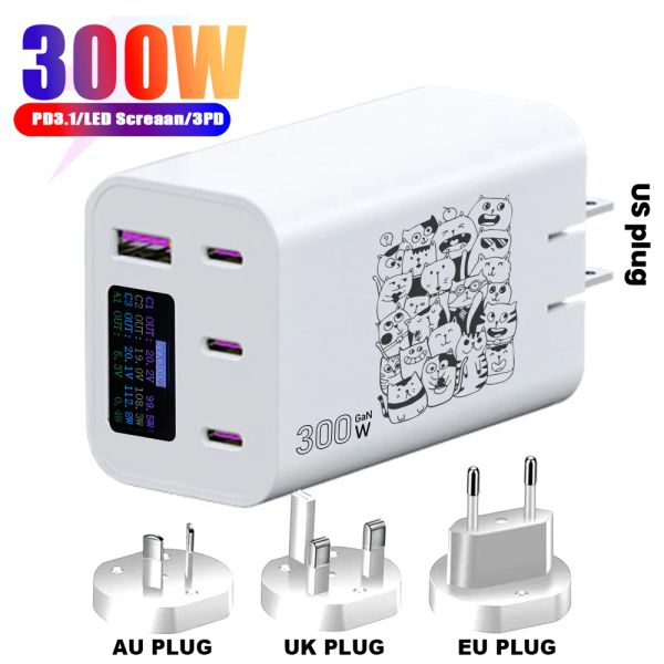 Chargers 3D EU US UK UK AU 300W GAN Charger PD3.1 140W + 140W AC100240V OLED CHARGE DE CHARGE DE TÉLÉPHONIE