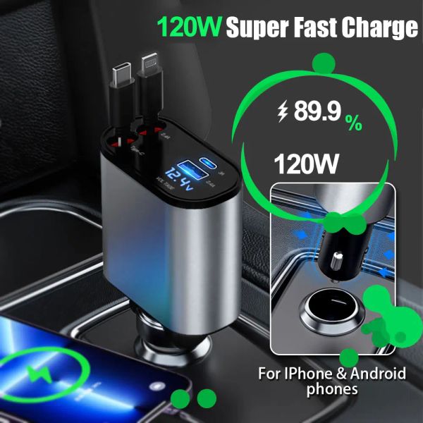 Chargers 4 en 1 120W Charger de voiture rétractable USB Type C Chargeur de téléphone de voiture rapide avec affichage de tension Type C L pour iPhone 15 pour Samsung