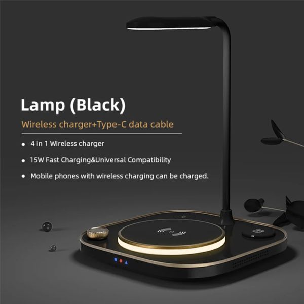 Chargers 4 en 1 15W Chargeur sans fil rapide pour iPhone15 14 13 12 Pro Max Iwatch AirPods Modern Office Buffer Lampe Magnetic Wireless Chargers