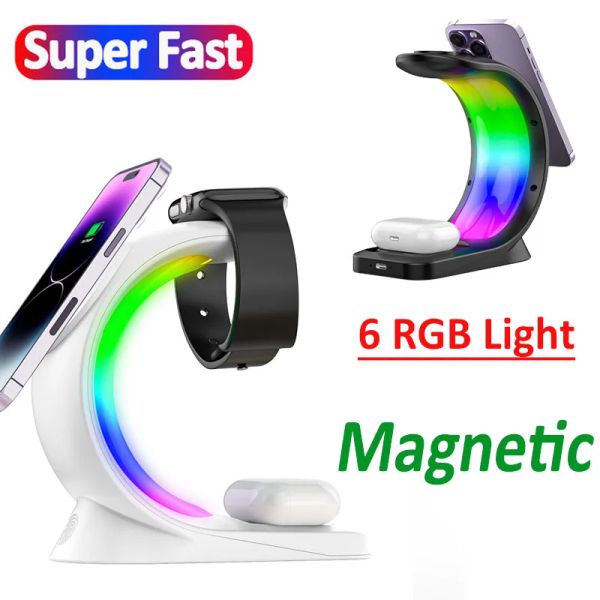 Chargers 4 en 1 RVB Light Magnetic Wireless Charger Stand pour iPhone 14 13 12 Airpod Apple Watch 8 7 6 Station de quai à chargement rapide