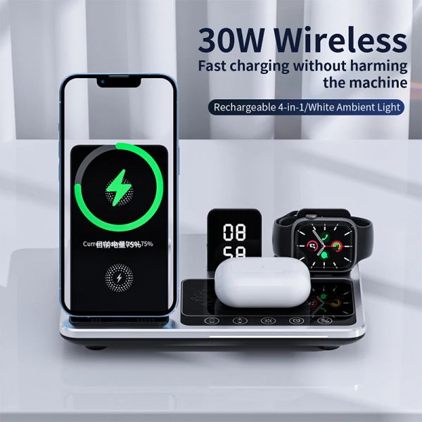 Chargers 4 IN1 Wireless Charger Dock ALARCH ALARME CHARGET FAST CHARGER POUR IPhone 14 13 12 pour Iwatch AirPods Mobile Phone Withing Charging Station