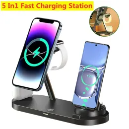 Chargers 5 en 1 Magnetic Wireless Charger Stand Light LED pour iPhone 15 14 13 Pro Max Apple Watch 8 7 AirPods Fast Charging Dock Station