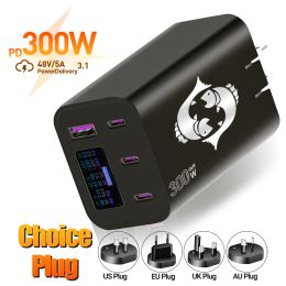 Chargers 5 in1 3D Vissen EU US UK AU 300W GAN LAKER PD3.1 140W+140W AC100240V OLED SCHERM LAPTOP TELEFOON SNELHEID SNEL