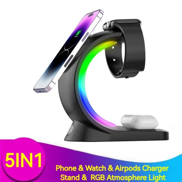 Chargers 5in1 RVB Atmosphère Light 15W Charger sans fil magnétique pour iPhone XS XR 11 12 13 14 Pro Max AirPods Pro Apple Watch Stand