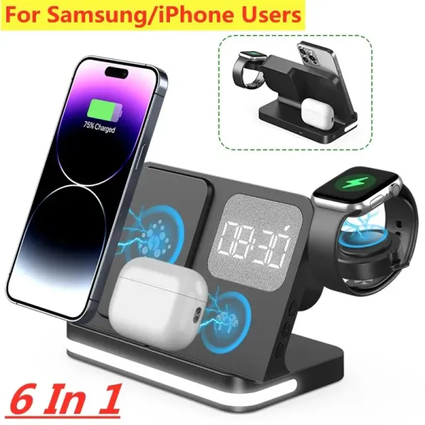 Cargadores 6 en 1 soporte de cargador inalámbrico para iPhone Samsung S23 S22 Ultra Note Fold Galaxy Watch 5 4 Buds Active Charging Dock Station