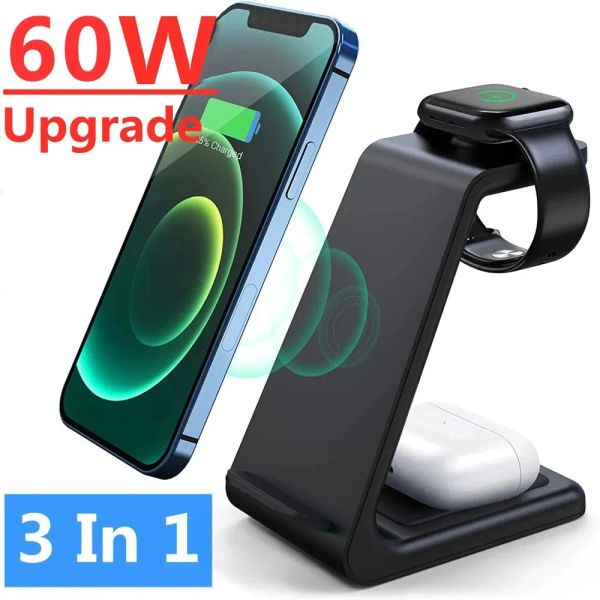 Chargers 60W 3 en 1 Chargeur sans fil Stand Fast Charging Dock Station pour iPhone 14 13 12 11 Pro Max Apple Watch 8 7 Iwatch Airpods Pro