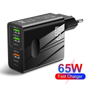 Chargers 65W 5 Port PD USB C Chargeur Adaptateur de téléphone mobile de charge rapide pour l'iPhone 14 Samsung Xiaomi Huawei Chargeur rapide 3,0