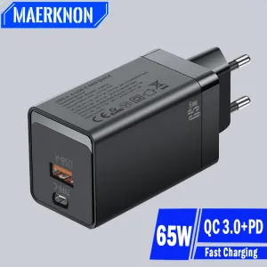 Chargers 65W Gan Charger rapide Charge rapide Téléphone mobile Adaptateur de charge d'ordinateur portable pour iPhone Huawei Xiaomi MacBook Air PD USB Type C Charger