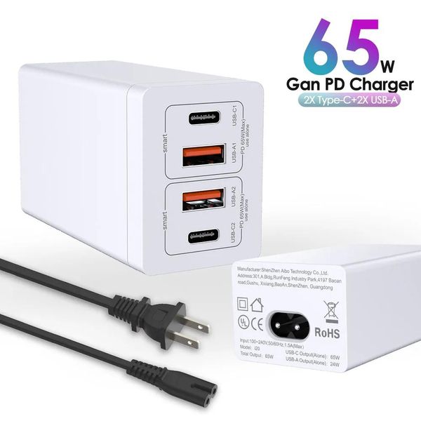 Chargers 65W Gan USBC Charger Smart Charging Station avec sortie USB C, adapté aux téléphones mobiles, ordinateurs portables, tablettes, etc.