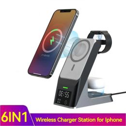 Chargers 6in1 Chargeur sans fil magnétique pour iPhone 12 13 14 Pro Max Airpods Récit d'alarme 15W